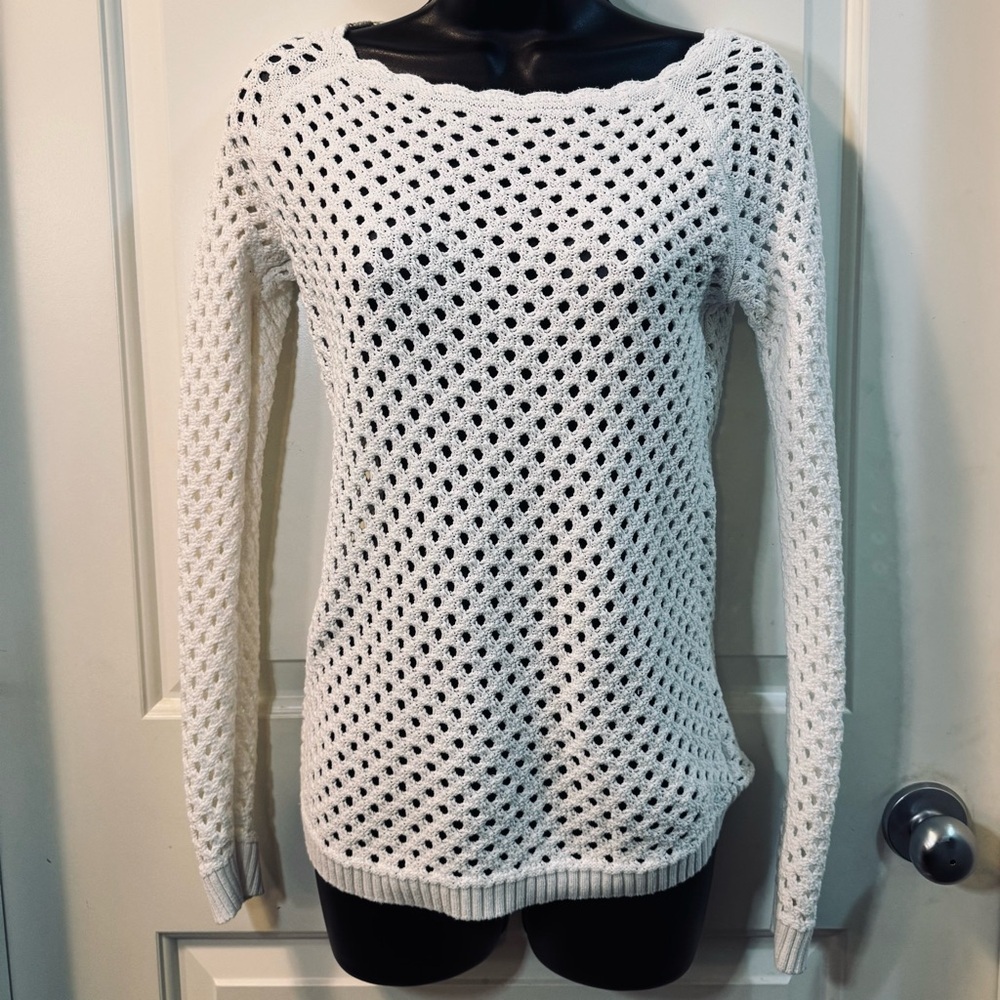 LOFT Petites XXSP White Open Knit Crochet Sweater Long Sleeve Boho